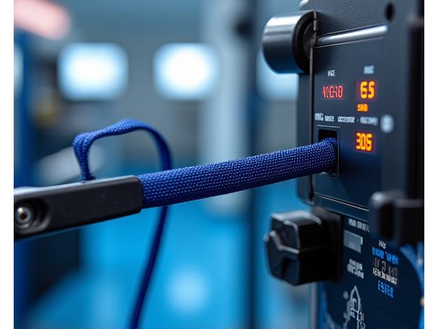 A close-up shot of a tension testing machine pulling a PupGear Premium heavy-duty leash, with digital readouts showing high tensile strength. The leash is made of thick, braided nylon with reinforced stitching and industrial-grade hardware. Background is a clean, modern lab.