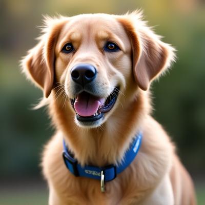 Happy Golden Retriever wearing a personalized blue collar with their name and a tiny phone icon clearly visible.