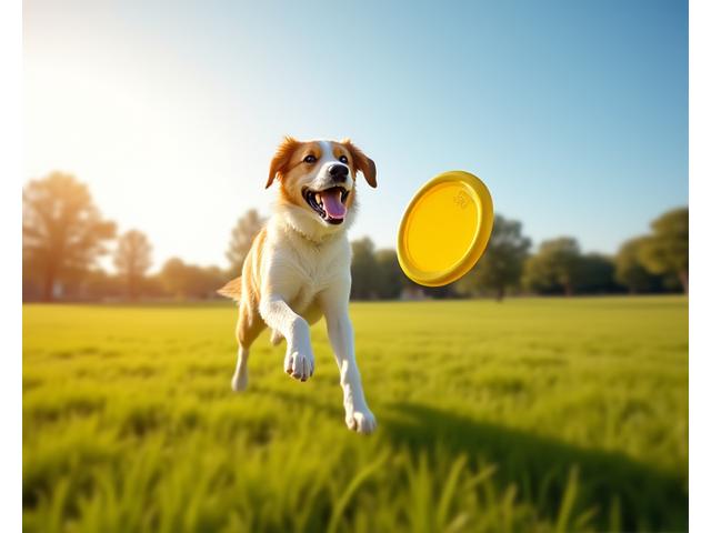 Energetic labrador retriever leaping to catch a brightly colored fetch toy.